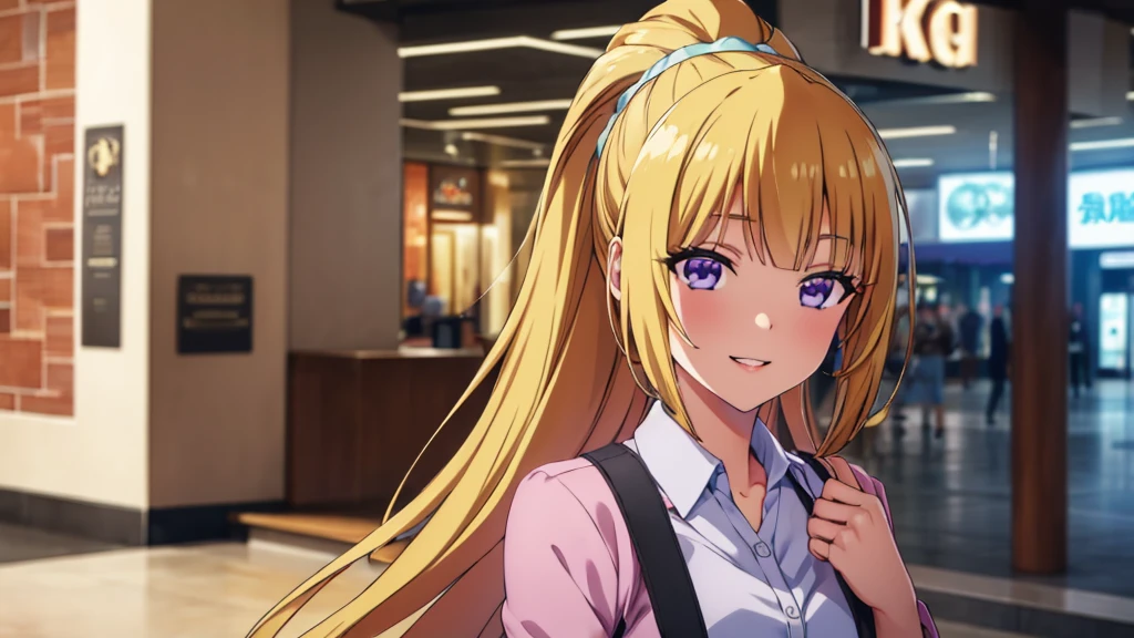 (masterpiece, top quality, best quality, official art, beautiful and aesthetic:1.2), (1girl:1.3), extremely detailed, official artstyle, highest detailed, parted lips,wallpaper, Kei Karuizawa, blonde hair, ponytail hairstyles, violet eyes, bangs, in mall, shopping, carrying shopping bag, shopping at mall, cowboy shot, perfect body, happy shopping, smile, happy, smiling