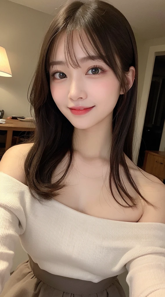 Tabletop, Highest quality, shape, Very detailed, finely, High resolution, 8K壁紙, 完璧なダイナミックな構shape, Beautiful and detailed, Off-shoulder Dreal chest, Natural color lip,優しいsmile,20-year-old girl、美しくDetailed face、Perfect and beautiful face,Big eyes、美しくDetailed face、Perfect and beautiful double eyelids、Blur the background、Feminine poses、Slim face and figure、Straight hair, (masterpiece, Highest quality, Very detailed, Detailed face, 8K)、Actual Photos(Best image quality)、smile,Shot from under the skirt