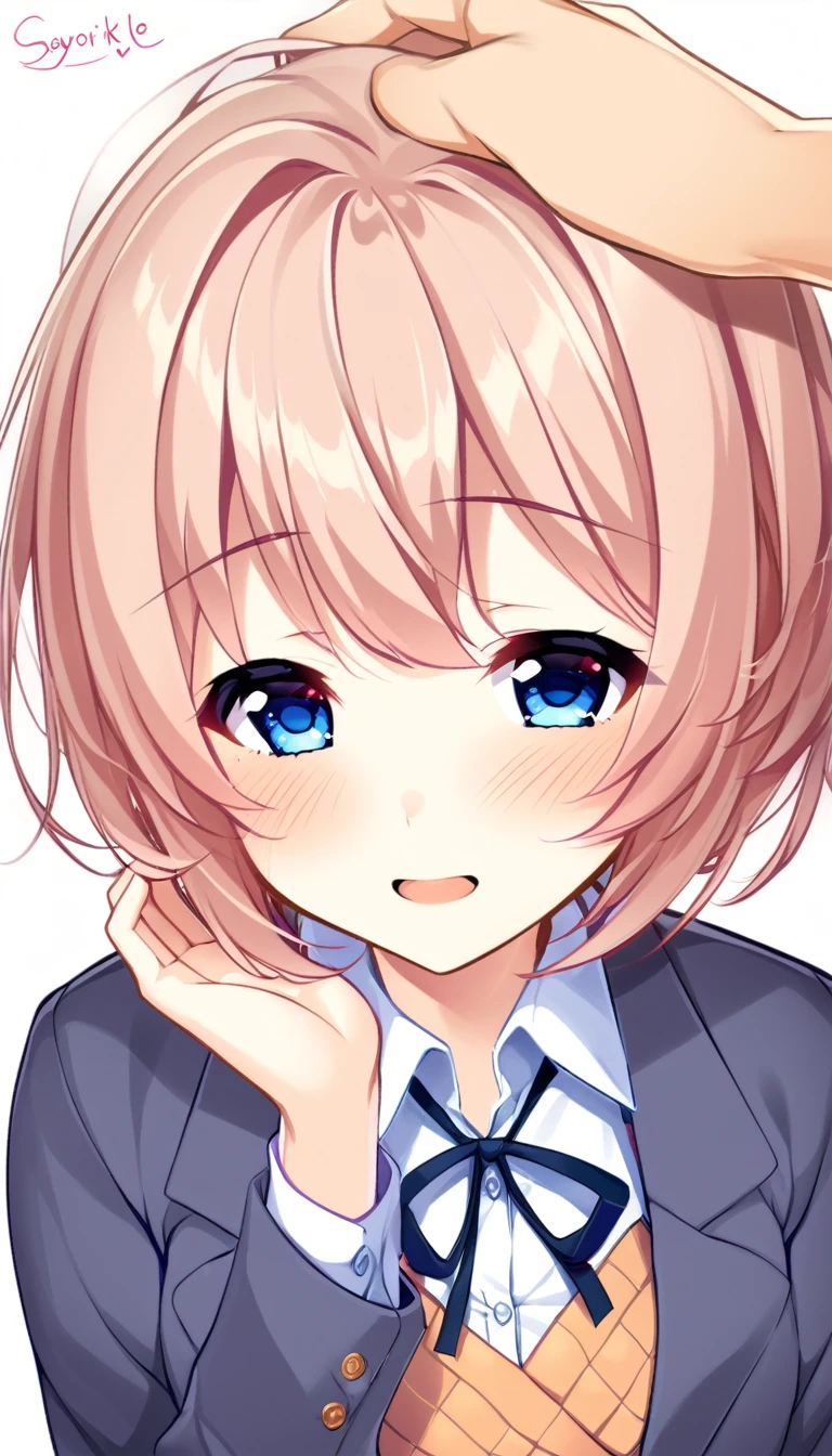 one girl, lovely, blazer, Sayori, my childhood friend, cute, short hair, blush, light blue eyes, love me, I stroke her head gently, feel happiness, from above, my hand on her head, look at me, ecstatic, I cherish her