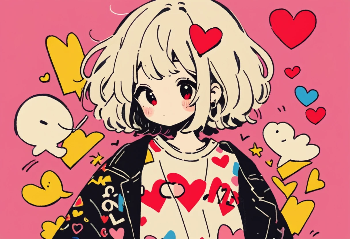 Mika Pikazo style, Simple Line Initialism，Abstract art，Urban Background, colorful hearts ,(((The most beautiful girl of all time))), Sweet face. Lips in love