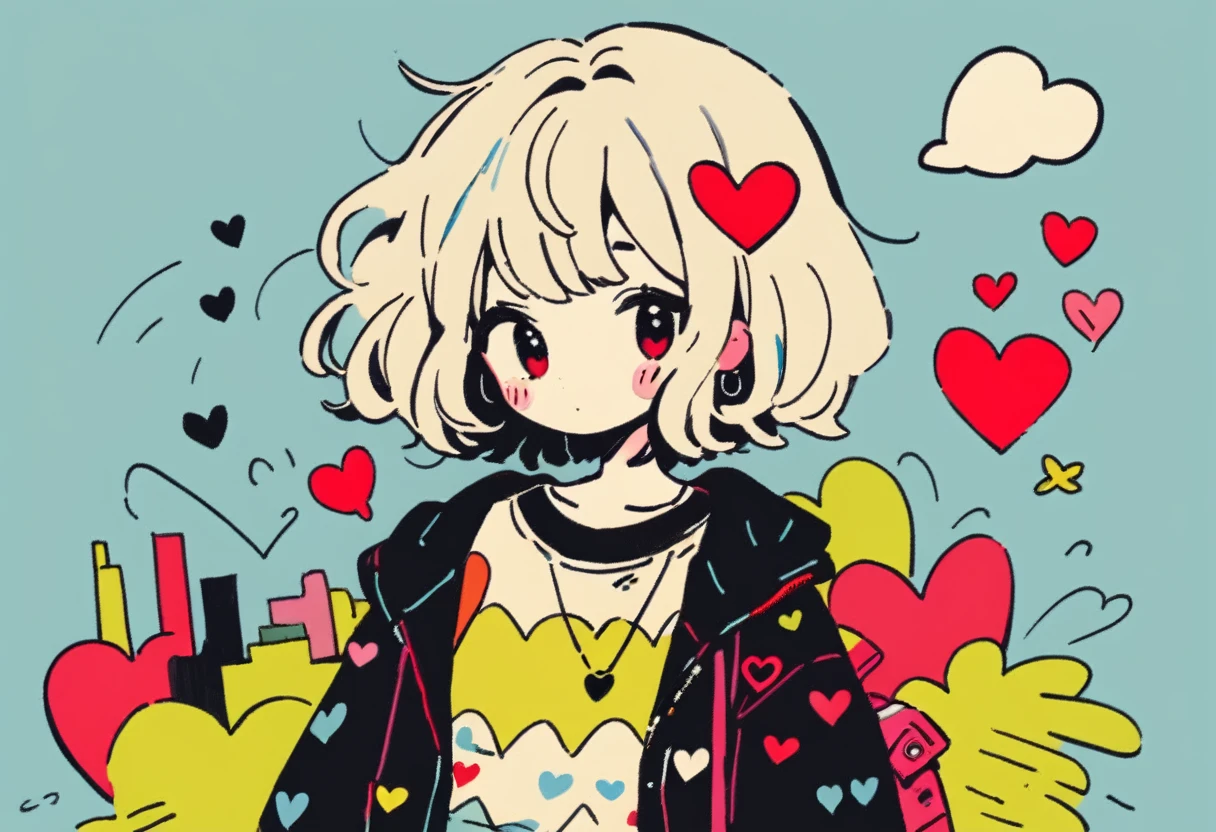 Mika Pikazo style, Simple Line Initialism，Abstract art，Urban Background, colorful hearts ,(((The most beautiful girl of all time))), Sweet face. Lips in love