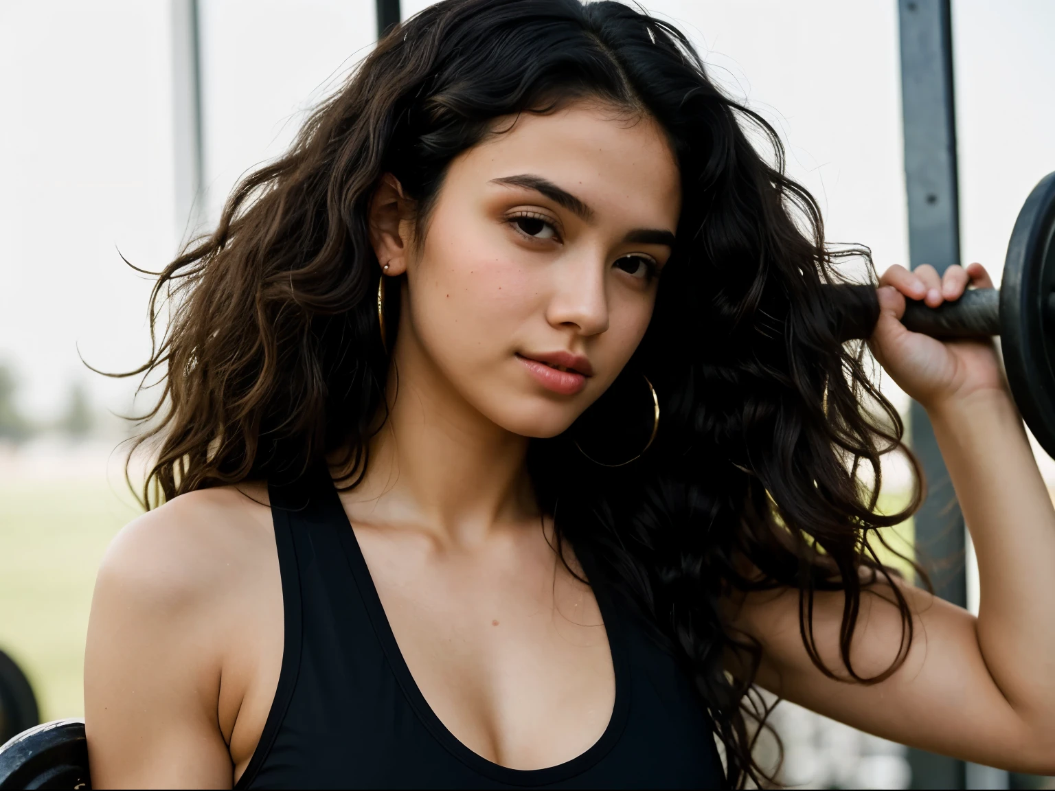 ((best quality)), ((masterpiece)), (detailed), 1girl, black hair, long hair, curly hair, gym, sweaty 