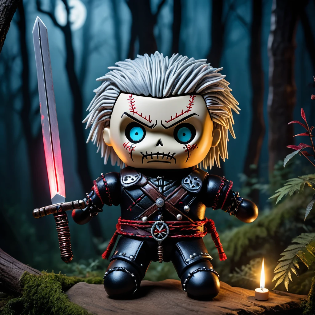 (knitted toy voodoo doll:1.7), (voodoo Geralt1.4), (of Rivia from The Witcher:1.4), (Clothing: leather armor with wolf medallion, black trousers:1.0), (Accessories: silver sword, potions vials:1.1), (background: dark and mystical forest with moonlight filtering through trees:1.2)), best quality, masterpiece, detailed soft oil painting, detailed background, dramatic cinematic lighting, soft edge lighting, professional, dramatic lighting, hard edge lighting, ultra quality, 4k, masterpiece, best quality, 8k, ultra high definition, high resolution, extremely detailed