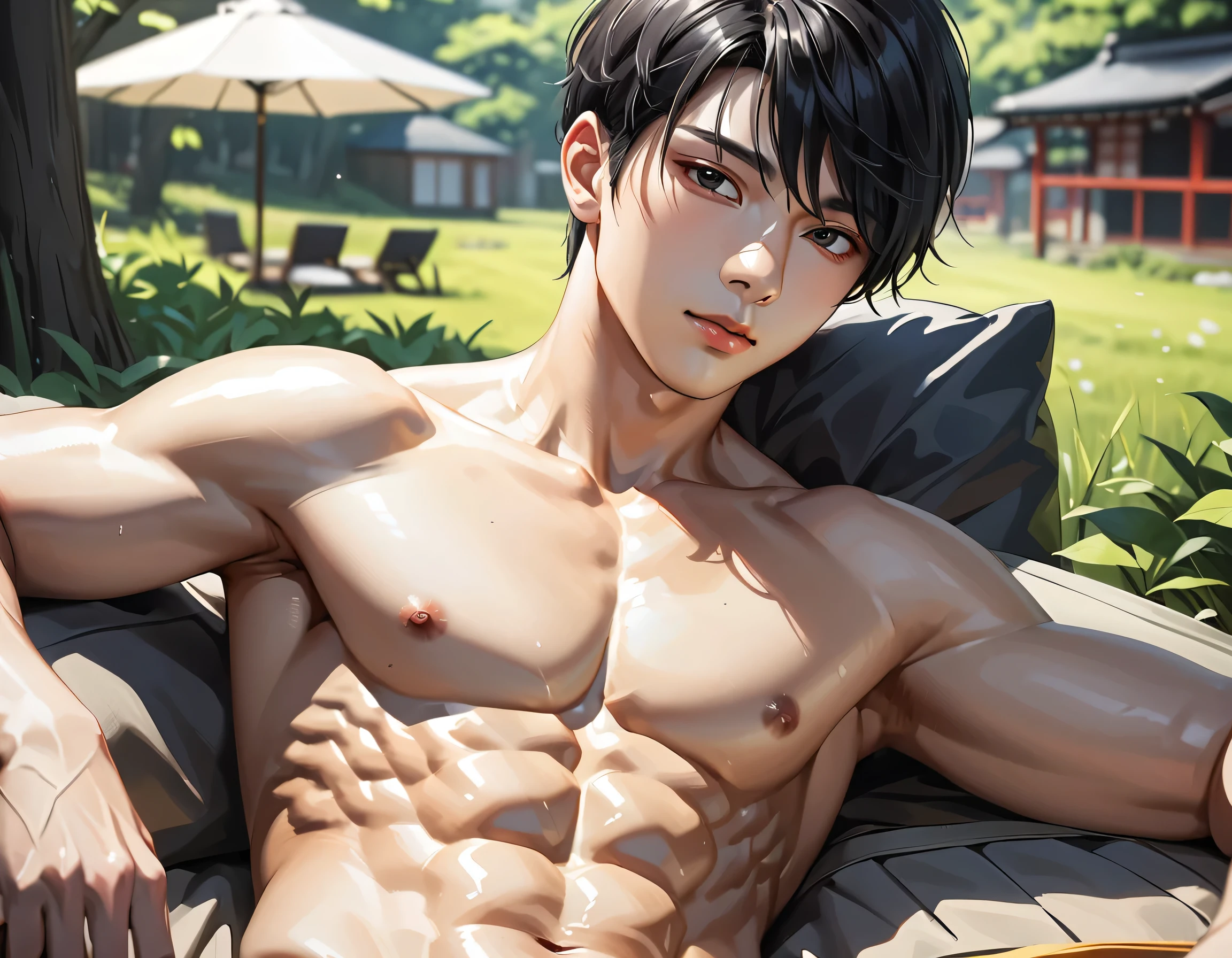 high quality, detailed, Realistic, (one  japanese boy), (detailed black eyes), (abs:1.5), (shiny skin), detailed nipples, black hair, (black tiny thong), (erected bulge), summer noon, (smile:0.7), close up face, laying on my side shot,