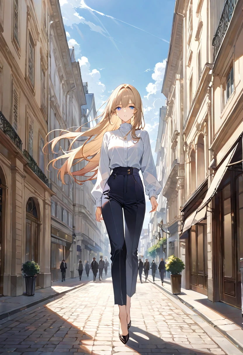 masterpiece, best quality, ultra detailed, sparkling eyes, The image portrays an anime-style character walking down a serene city street, blending a modern urban setting with classic European architectural charm. The character, a young woman, exudes confidence and elegance. She has long, straight blonde hair that cascades past her waist, capturing the light and adding a dynamic sense of movement to the scene. Her large, expressive blue eyes are a focal point, reflecting a sense of determination and focus. Dressed in a high-neck, long-sleeved white blouse, she presents a stylish and sophisticated appearance. The blouse is tailored and detailed with vertical lines, emphasizing her poised and professional demeanor. This chic top is tucked into high-waisted, black tailored pants that accentuate her slender figure, completing an outfit that is both modern and refined. A delicate gold necklace adds a touch of elegance, subtly glinting in the daylight. As she strides confidently down the street, one hand casually resting in her pocket, her posture conveys self-uredness and composure. The street itself is quiet, suggesting a tranquil moment in what might otherwise be a bustling city. The buildings on either side of her are reminiscent of classic European architecture, with detailed facades and large, inviting windows, further enhancing the sophisticated atmosphere. The bright daylight illuminates the scene, casting gentle shadows and highlighting the textures and colors of both the character and her surroundings. The sky appears clear, contributing to the overall serene and pleasant ambiance of the image. In the background, a few pedestrians can be seen, but they do not detract from the central focus on the character, instead, they add a sense of scale and depth to the urban landscape. Overall, the image beautifully marries the aesthetics of anime art with the elegance of a modern urban environment, creating a visually striking and harmonious composition.