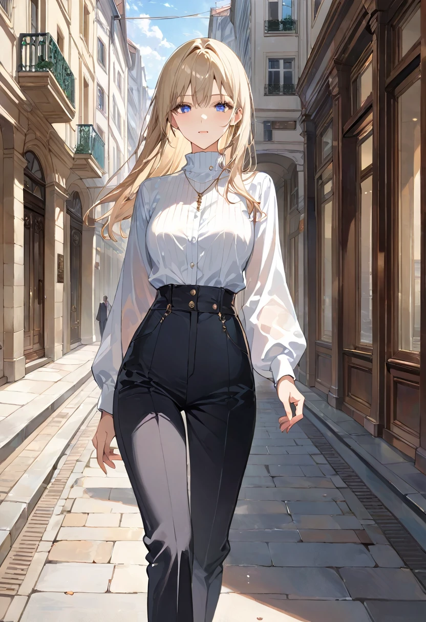 masterpiece, best quality, ultra detailed, sparkling eyes, The image portrays an anime-style character walking down a serene city street, blending a modern urban setting with classic European architectural charm. The character, a young woman, exudes confidence and elegance. She has long, straight blonde hair that cascades past her waist, capturing the light and adding a dynamic sense of movement to the scene. Her large, expressive blue eyes are a focal point, reflecting a sense of determination and focus. Dressed in a high-neck, long-sleeved white blouse, she presents a stylish and sophisticated appearance. The blouse is tailored and detailed with vertical lines, emphasizing her poised and professional demeanor. This chic top is tucked into high-waisted, black tailored pants that accentuate her slender figure, completing an outfit that is both modern and refined. A delicate gold necklace adds a touch of elegance, subtly glinting in the daylight. As she strides confidently down the street, one hand casually resting in her pocket, her posture conveys self-assuredness and composure. The street itself is quiet, suggesting a tranquil moment in what might otherwise be a bustling city. The buildings on either side of her are reminiscent of classic European architecture, with detailed facades and large, inviting windows, further enhancing the sophisticated atmosphere. The bright daylight illuminates the scene, casting gentle shadows and highlighting the textures and colors of both the character and her surroundings. The sky appears clear, contributing to the overall serene and pleasant ambiance of the image. In the background, a few pedestrians can be seen, but they do not detract from the central focus on the character, instead, they add a sense of scale and depth to the urban landscape. Overall, the image beautifully marries the aesthetics of anime art with the elegance of a modern urban environment, creating a visually striking and harmonious composition.