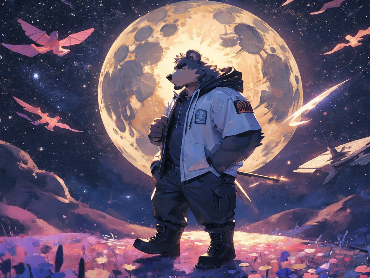 (masterpiece:1.2), best quality,pixiv,official art,perfect anatomy, (Ray tracing, light),solo, (1_male:1.3) , (muscle), (grey fur:1.4), (muscle bear), (beard:1.2), (gleaming golden eyes), bear tail, full body, Thick black eyebrows,(open hoodie parka), (pure white T-shirt inside), (cargo pants:1.2), boots, universe, planet, cosmos ,Galaxy, (on the moon: 1.3), interstellar travel,