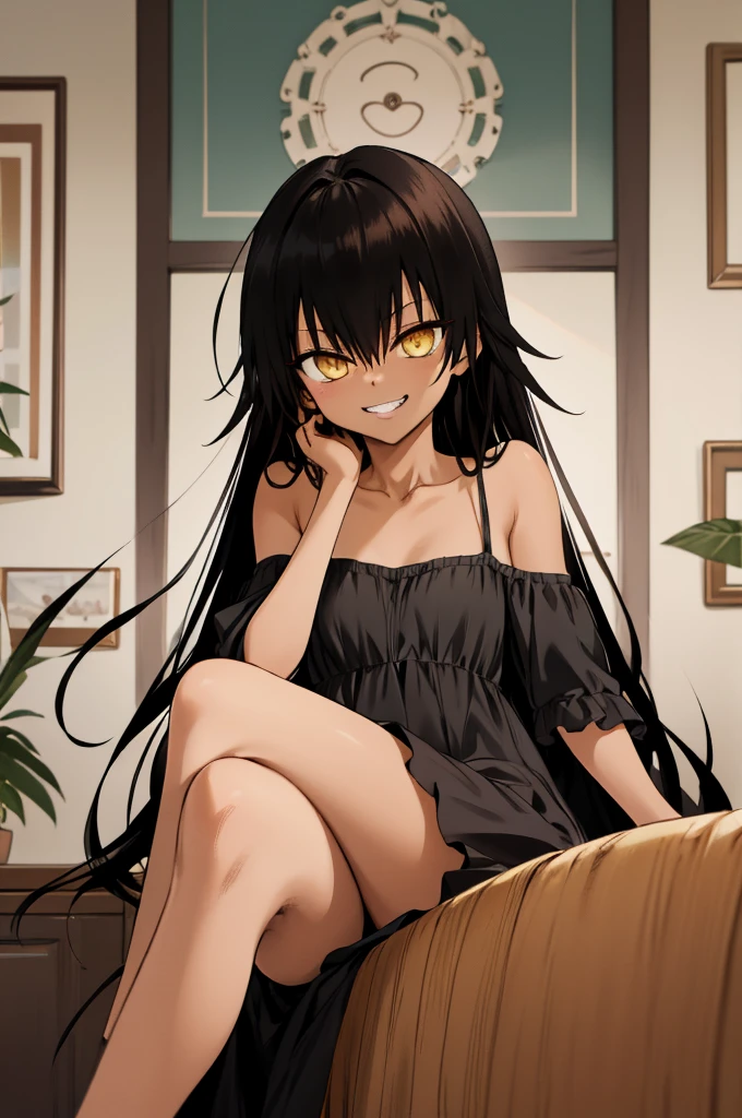 masterpiece, best quality, highres, aanemesis, long hair, black hair, dark skin, tan, bare shoulders, black dress, sitting, crossed legs, smirk, grin, indoors