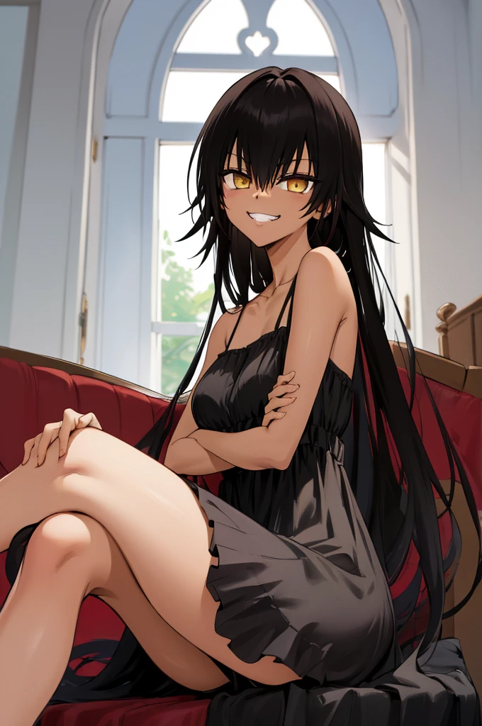 masterpiece, best quality, highres, aanemesis, long hair, black hair, dark skin, tan, bare shoulders, black dress, sitting, crossed legs, smirk, grin, indoors