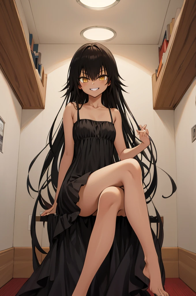 masterpiece, best quality, highres, aanemesis, long hair, black hair, dark skin, tan, bare shoulders, black dress, sitting, crossed legs, smirk, grin, indoors