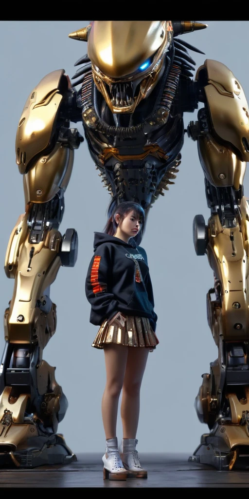 masterpiece, top, very realistic, highly detailed, original photo, Boutique, best quality, Gold jewelry, (foot slip), Fairy skin, (Fidelity :1.2), Standing, Super Detail, realistic, High quality, Film Light, Ray tracing , Ultra HD, Upper body
Girl wearing a miniskirt and Hoodie standing next to a giant robot that looks like ((predator)), Guweiz style artwork, CyberPunk mechanics, Trending on CGSTATION, Guweiz, Russell Dongjun Lu, digital cyberpunk anime art, Ross Tran 8 K, Guweiz on ArtStation Pixiv , Girl in mecha network armor. 32K ultraHD resolution, HDR, 800mm lens, realistic, hyperrealistic, photography, professional photography, immersive photography, ultra HD, ultra high quality, best quality, HDR photo, focus photo, original photo, ultra sharp, nature photo, masterpiece, award winning , taken with Hasselblad x2d.