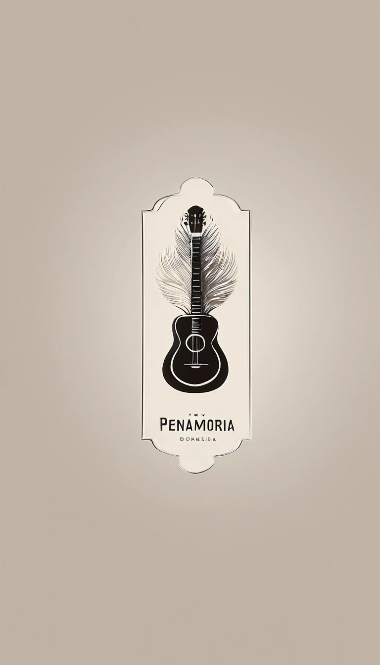 A minimal, modern, simple, cinematic logotype for the brand “Penamemoria". The logotype must be a simple, magical feather and a boy playing acoustic guitar. The logo must convey a sense of music, stories and dreams. Logo design impressed on a book cover. Minimalistic logo