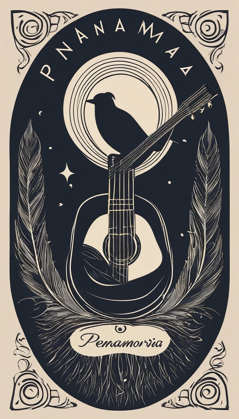 A minimal, modern, simple, cinematic logotype for the brand “Penamemoria". The logotype must be a simple, magical feather and a boy playing acoustic guitar. The logo must convey a sense of music, stories and dreams. Logo design impressed on a book cover. Minimalistic logo