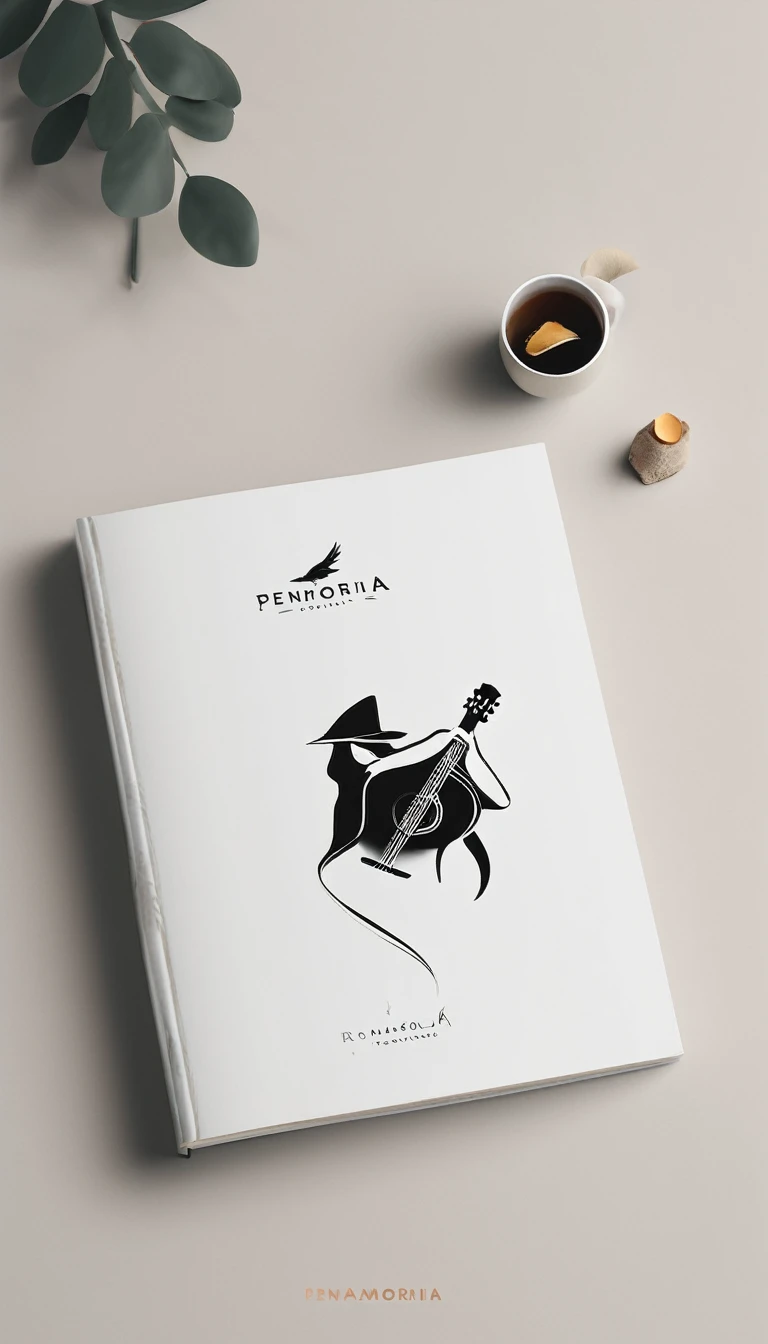 A minimal, modern, simple, cinematic logotype for the brand “Penamemoria". The logotype must be a simple, magical feather and a boy playing acoustic guitar. The logo must convey a sense of music, stories and dreams. Logo design impressed on a book cover. Minimalistic logo