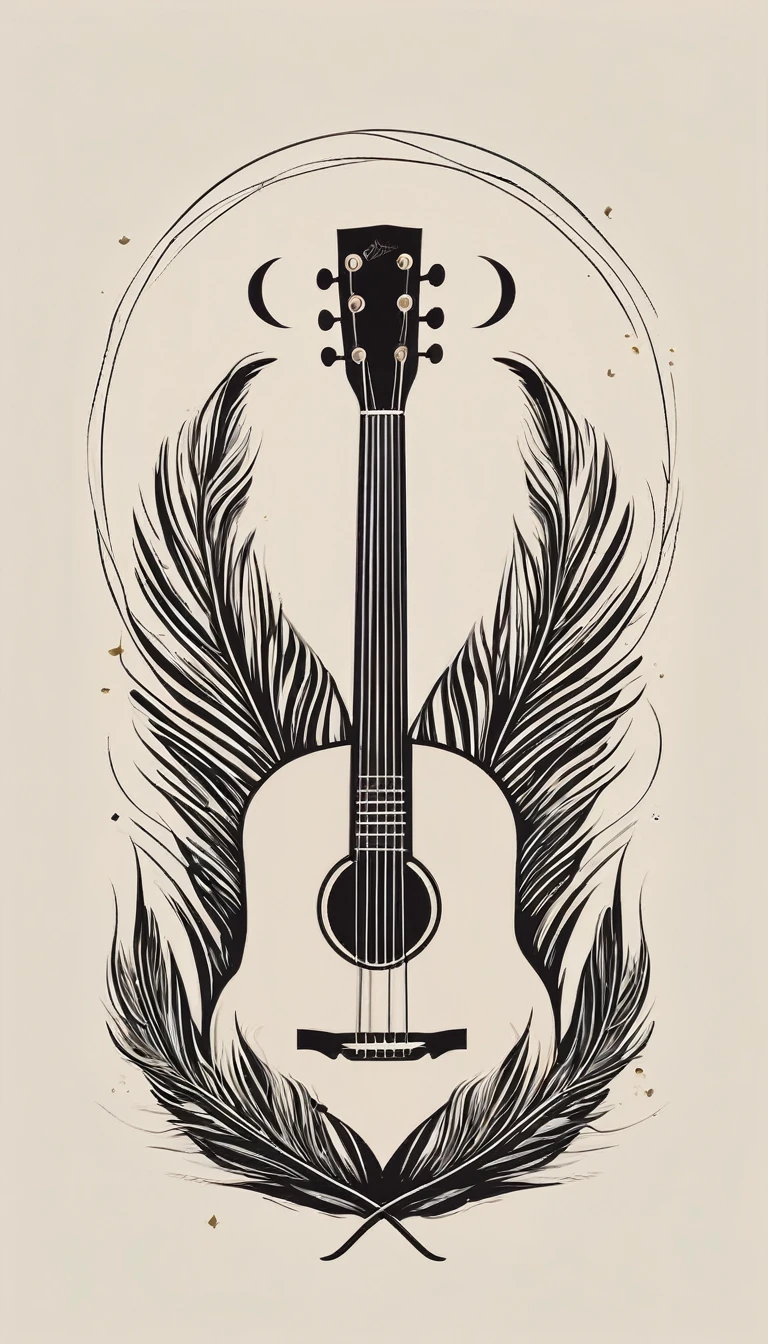 A minimal, modern, simple, cinematic logotype for the brand “Penamemoria". The logotype must be a simple, magical feather and a boy playing acoustic guitar. The logo must convey a sense of music, stories and dreams. Logo design impressed on a book cover. Minimalistic logo