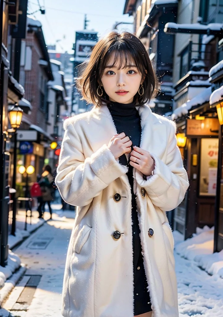 Photo from the waist up、Night city illumination shot、（Cowboy Shot:1.4）、Fur coat、豪華なグレーのミンクのFur coat、Wear fine leather boots、Luxury Bags、Inner turtleneck、Silver necklace and small silver earrings Millionaire style:1.4））、Full body photo、smile、 Caustics、Highly detailed photos、Very beautiful woman 、Ample breasts、No makeup、(8K、RAW Photos、Highest quality、masterpiece:1.2)、(Realistic、Realistic)、1 Girl、((Medium Short Hair、Midwinter、Cold region Snow falling、The wind is blowing、Fluttering Hair、Blur the background、Colorful illuminations、Looking into the camera:1.4))、
