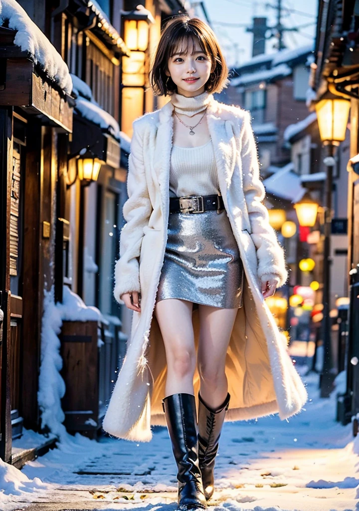 Photo from the waist up、Night city illumination shot、（Cowboy Shot:1.4）、Fur coat、豪華なグレーのミンクのFur coat、Wear fine leather boots、Luxury Bags、Inner turtleneck、Silver necklace and small silver earrings Millionaire style:1.4））、Full body photo、smile、 Caustics、Highly detailed photos、Very beautiful woman 、Ample breasts、No makeup、(8K、RAW Photos、Highest quality、masterpiece:1.2)、(Realistic、Realistic)、1 Girl、((Medium Short Hair、Midwinter、Cold region Snow falling、The wind is blowing、Fluttering Hair、Blur the background、Colorful illuminations、Looking into the camera:1.4))、
