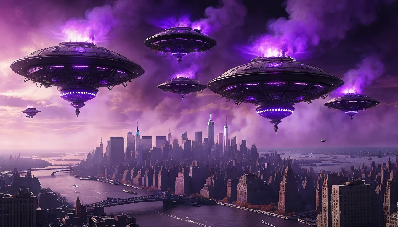 Gray steampunk UFOs with purple glows fly over burning New York, cinematic scene