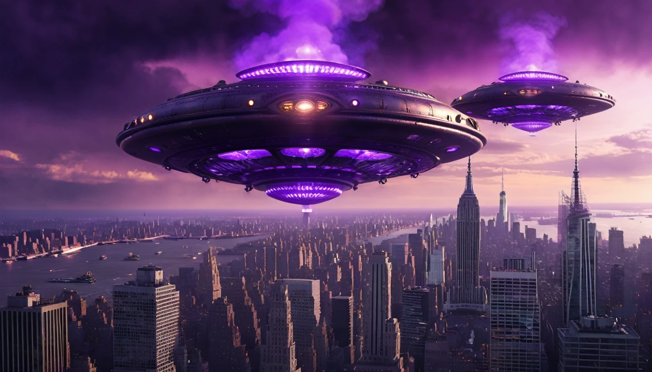 Gray steampunk UFOs with purple glows fly over burning New York, cinematic scene