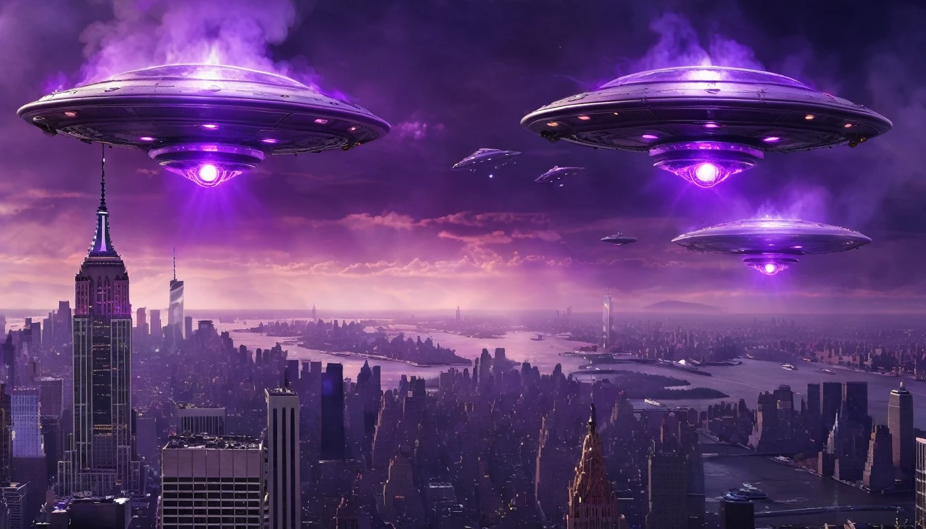 Gray steampunk UFOs with purple glows fly over burning New York, cinematic scene