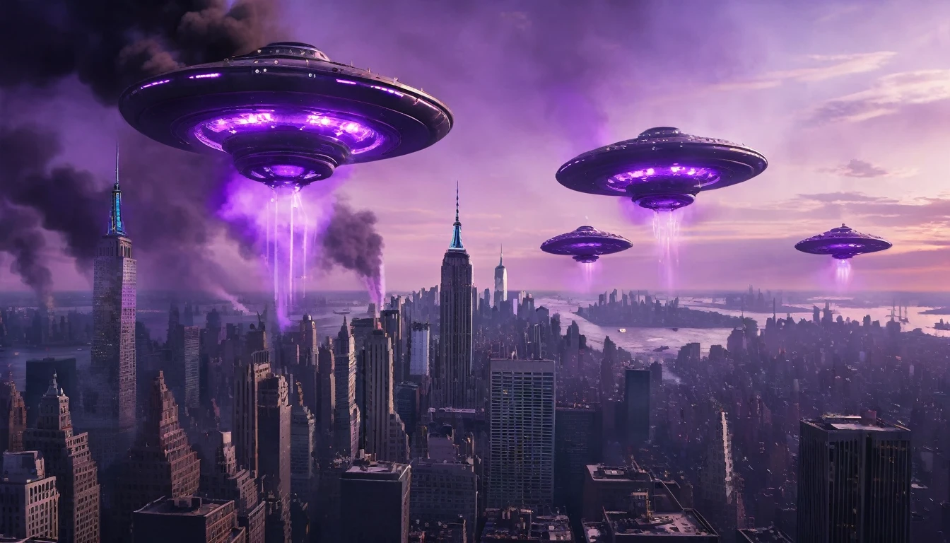 Gray steampunk UFOs with purple glows fly over burning New York, cinematic scene