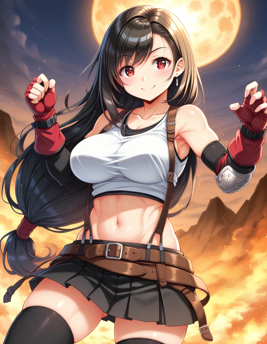 (score_9,score_8_up,score_7_up,score_6_up,score_5_up,score_4_up), BREAK ,,((punch,dynamic angle, dynamic pose, hand focus, punch focus,battle)),upperbody,looking_at_viewer ,1girl, tifa lockhart, final fantasy, tareme,black hair, low-tied long hair, red eyes,wide-eyed, bangs, (white tank top, belt, pleated skirt, thighhighs, elbow fingerless gloves, elbow pads, midriff, navel,suspender skirt) ,large_breasts,(light smile),,,Solo,,(daytime and outdoor and mountain),hyper detailed,beautiful,great lighting,  perfect hands, detailed shadows,anime artwork, anime style, key visual, vibrant, studio anime,HDR,highly detailed,anime coloring, masterpiece, best quality,best aestethic, absurdres,,professional lighting,cinematic lighting,rule of odds