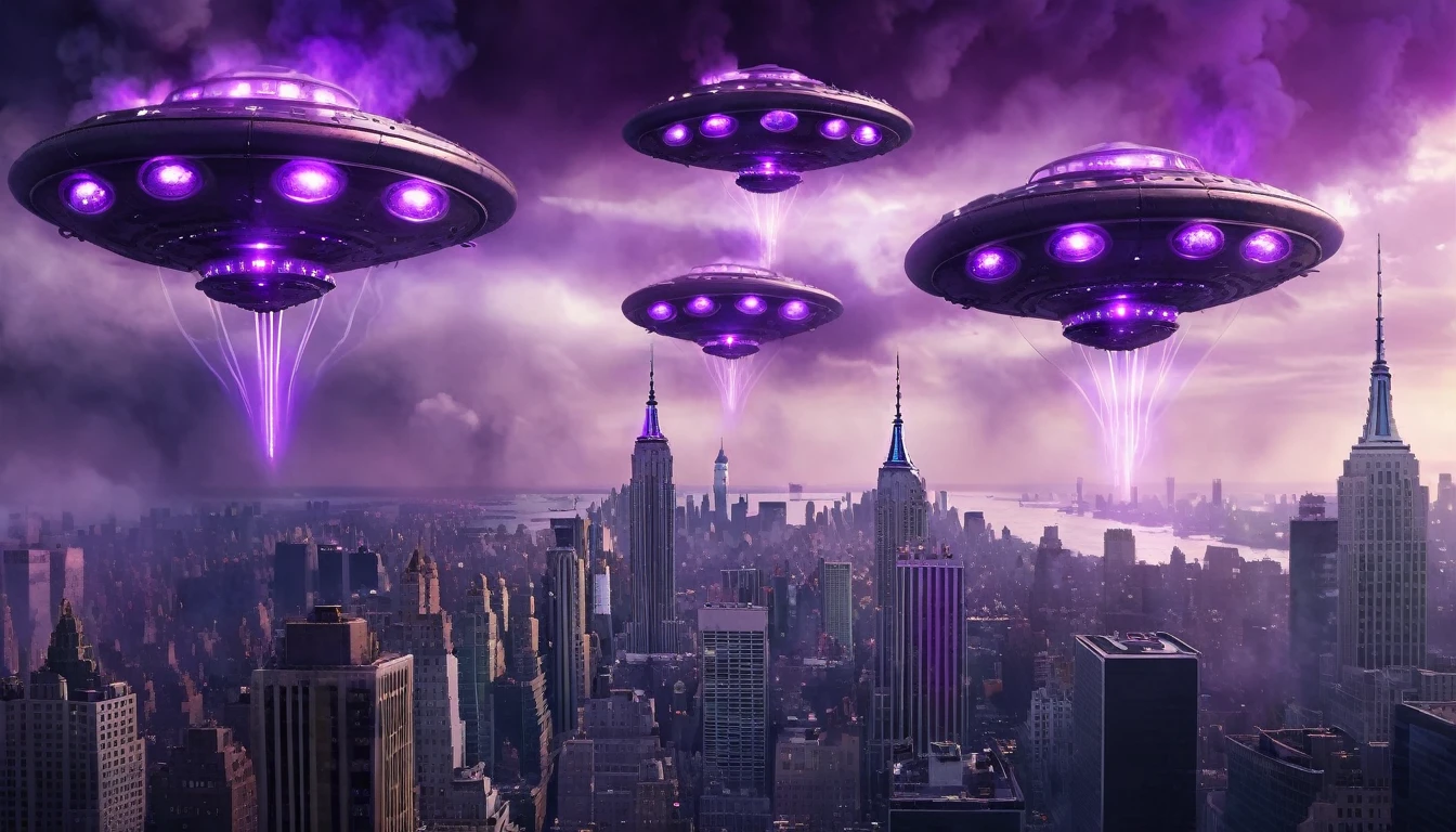 Gray steampunk UFOs with purple glows fly over burning New York, cinematic scene