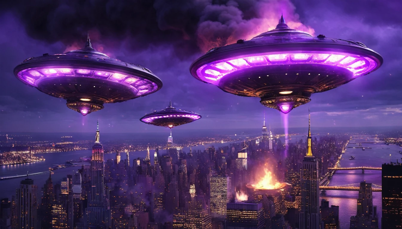 Gray steampunk UFOs with purple glows fly over burning New York, cinematic scene