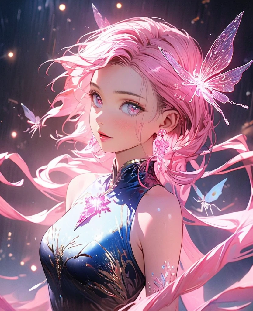 8K,gal，an extremely delicate and beautiful,Beautiful and realistic skin,Shiny jewel-like earrings,glowing tattoo,Long pink hair,beautiful eyes,whole body,fire Fly,Ao dai