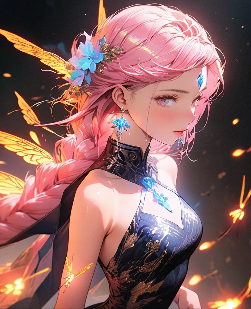 8K,gal,an extremely delicate and beautiful,Beautiful and realistic skin,Shiny jewel-like earrings,glowing tattoo,Long pink hair,beautiful eyes,whole body,fire Fly,Ao dai