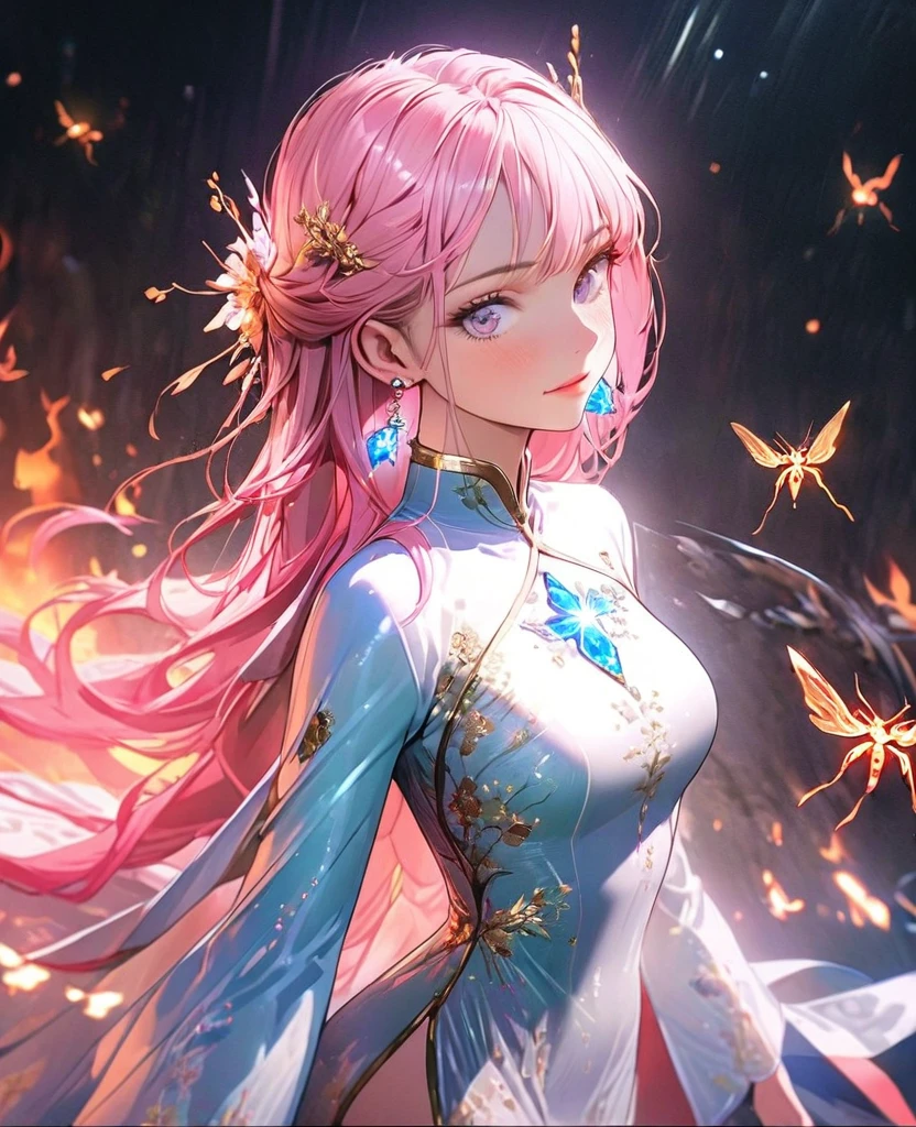8K,gal，an extremely delicate and beautiful,Beautiful and realistic skin,Shiny jewel-like earrings,glowing tattoo,Long pink hair,beautiful eyes,whole body,fire Fly,Ao dai