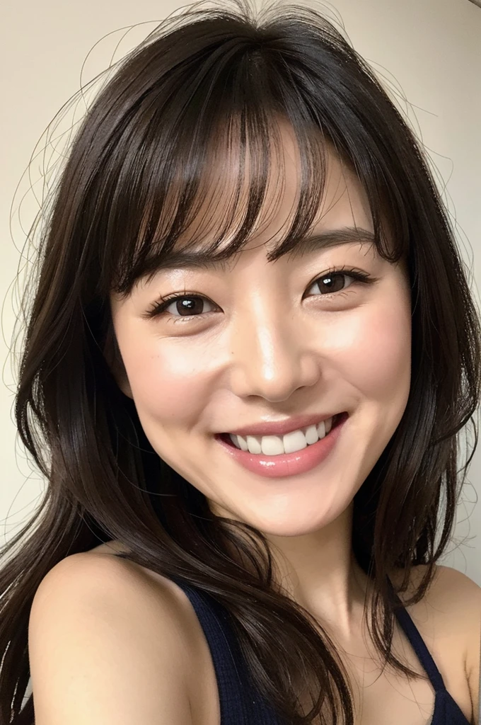 ((Highest quality)), ((8K)), ((masterpiece: 1.3)), (Perfect appearance), (Photorealism: 1.6), (MOR), (View from directly below: 1.2), (Japanese Mature), (58 years old), ((Realistic skin texture)), (Fine wrinkles appear all over the skin), (Dullness), (Unmoisturized skin) , (Facial wrinkles), (Wrinkles around the eyes), double eyelid, Lower eyelid tear trough, (Dimples), Front teeth, Short bangs, Long wavy hair, She is smiling gently with the corners of her mouth raised, Doing sexy poses, Mature woman's loose figure, Small breasts, Small breasts, Flat Chest, Bedroom with morning sun streaming in, Strong sunlight, bright, She is smiling gently with the corners of her mouth raised,