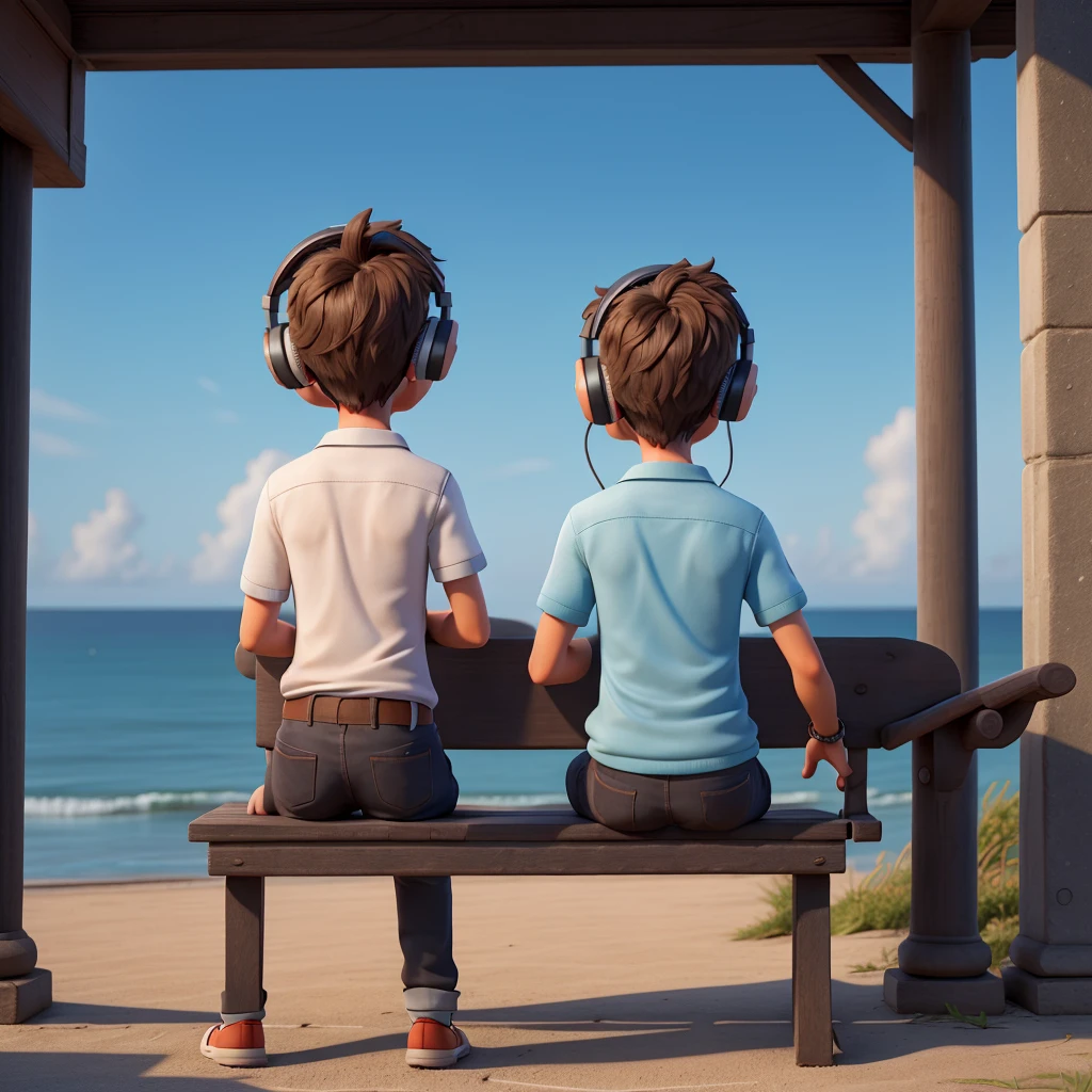 A boy sitting in a public bench with casual outfits who is listening to music with his headphones seen from his back from a 400 metre of distance but his face cannot be seen and there is no one there but him and there is only a big ocean with no banks in front of him.