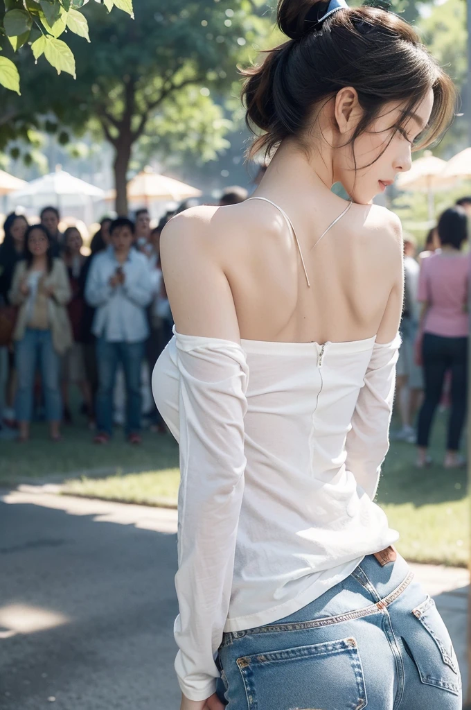 (((best quality))),(((ultra detailed))),(((masterpiece))),illustration,((1 beautiful girl,solo)),((slim,thin)),((shoulder off,strapless,bare back,towering hips,butt crack)), outside school gate, summer twilight, sunlight,(short ponytail:1.3),((white long-sleeved shirt)),(clavicalis:1.3),((denim shorts,slender legs)),animated face, excited eyes, sounds of laughter, chatter, excitement of summer vacation, air filled with energy, school gate golden glow, symbol of end of academic year, schoolyard transformed, reunion, farewells, embracing setting sun, face illuminated, moment captured, fleeting instant, essence of summer, carefree spirit, youthful exuberance, embodiment of season, sun dips, rosy glow, joy of living,promise of adventures,((standing,from back,upper body)),(surrounded by crowded crowds:1.3)