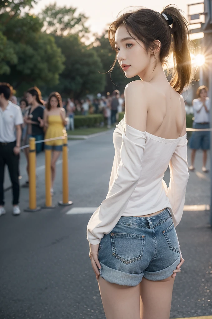 (((best quality))),(((ultra detailed))),(((masterpiece))),illustration,((1 beautiful girl,solo)),((slim,thin)),((shoulder off,strapless,bare back,towering hips,butt crack)), outside school gate, summer twilight, sunlight,(short ponytail:1.3),((white long-sleeved shirt)),(clavicalis:1.3),((denim shorts,slender legs)),animated face, excited eyes, sounds of laughter, chatter, excitement of summer vacation, air filled with energy, school gate golden glow, symbol of end of academic year, schoolyard transformed, reunion, farewells, embracing setting sun, face illuminated, moment captured, fleeting instant, essence of summer, carefree spirit, youthful exuberance, embodiment of season, sun dips, rosy glow, joy of living,promise of adventures,((standing,from back,upper body)),(surrounded by crowded crowds:1.3)