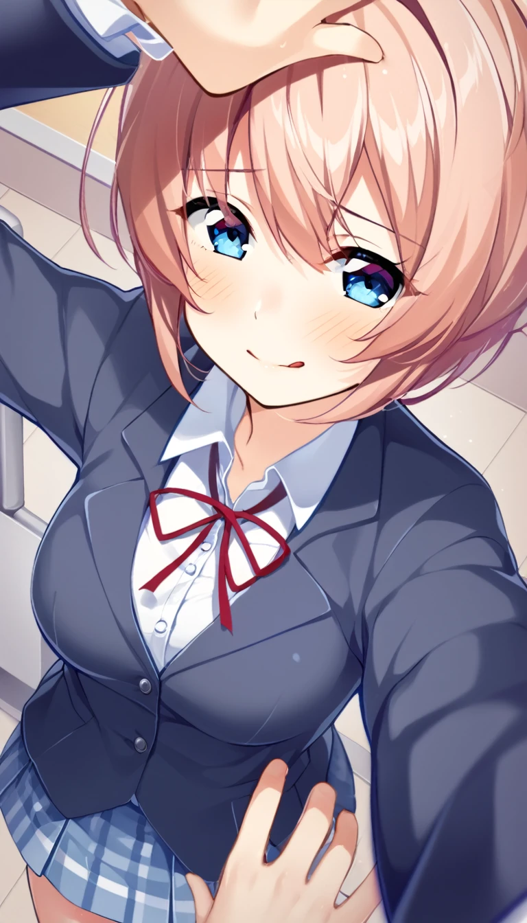 one girl, lovely, blazer, Sayori, my childhood friend, cute, short hair, blush, light blue eyes, love me, I stroke her head gently, feel happiness, from above, my hand on her head, look at me, ecstatic, I cherish her
