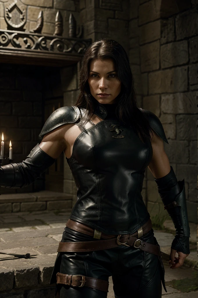 Muscular female warrior in black leather armour, her pose is brave and elegant. Skyrim art style. Castle interior on the background. Torch lit.