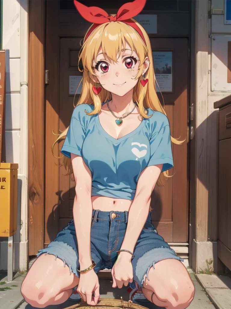 , ((beautiful)), ((masterpiece)), ((best quality)), (extremely detailed face), perfect lighting, highres, 8k, wallpaper, backlit, (absurdres), (ultra detailed, 8K, ultra highres:1.2), BREAK,(RED Ribbon on HAIRband:1.2),Blonde HAIR,smile,navel,groin,denim shorts,loose clothes,shirt pull:1.4,shorts pull:1.4,A fashionable female ,dressed in a casual yet stylish outfit,browsed the racks of clothes at the department store. She hummed a tune to herself as she examined the various accessories and small items on display. Her outfit consisted of a pair of ripped denim shorts paired with a loose, camisole and a pair of sneakers. She accessorized with a small, silver bracelet on her wrist. As she shopped, the girl couldn't help but be drawn to the various colorful and glittering items in the store. She picked up a pair of cute, heart-shaped earrings and a matching necklace,admiring them in the bright, fluorescent lighting,Ichigo Hoshimiya (Aikatsu!),from below,squatting,groin_focus,