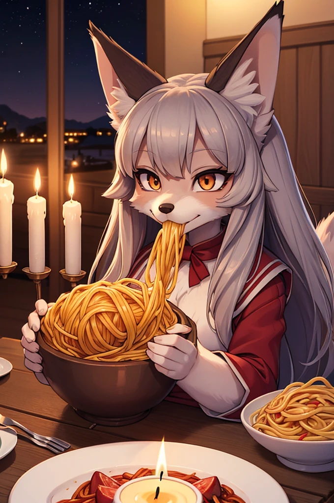 ((best quality)), ((masterpiece)), (Detailed) wolf girl and fox girl eating Spagetti, candlelight dinner, nightsky, 1 long Spaghetti in both mouth