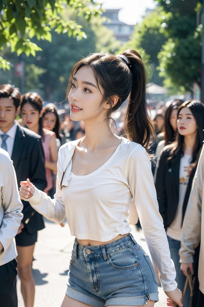 (((best quality))),(((ultra detailed))),(((masterpiece))),illustration,((1 beautiful girl,solo)),((slim,thin)),((small breasts,flat chest)), outside school gate, summer twilight, sunlight,(short ponytail:1.3),((white long-sleeved shirt)),(clavicalis:1.3),((denim shorts,slender legs)),animated face, excited eyes, sounds of laughter, chatter, excitement of summer vacation, air filled with energy, school gate golden glow, symbol of end of academic year, schoolyard transformed, reunion, farewells, embracing setting sun, face illuminated, moment captured, fleeting instant, essence of summer, carefree spirit, youthful exuberance, embodiment of season, sun dips, rosy glow, joy of living,promise of adventures,((standing,from front,upper body)),(surrounded by crowded crowds:1.3)