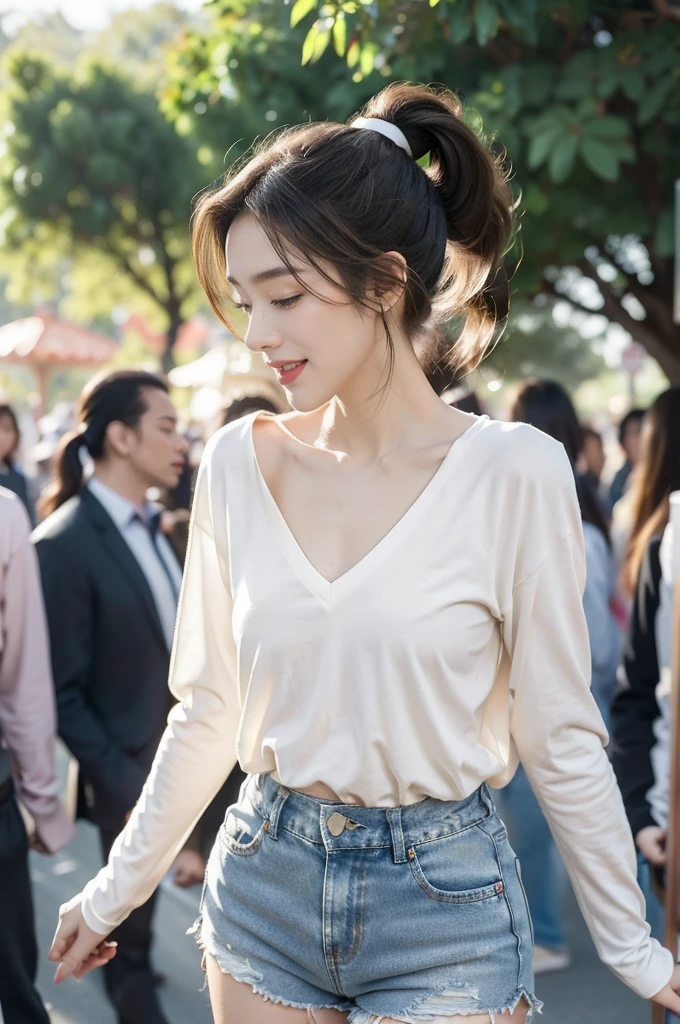 (((best quality))),(((ultra detailed))),(((masterpiece))),illustration,((1 beautiful girl,solo)),((slim,thin)),((small breasts,flat chest)), outside school gate, summer twilight, sunlight,(short ponytail:1.3),((white long-sleeved shirt)),(clavicalis:1.3),((denim shorts,slender legs)),animated face, excited eyes, sounds of laughter, chatter, excitement of summer vacation, air filled with energy, school gate golden glow, symbol of end of academic year, schoolyard transformed, reunion, farewells, embracing setting sun, face illuminated, moment captured, fleeting instant, essence of summer, carefree spirit, youthful exuberance, embodiment of season, sun dips, rosy glow, joy of living,promise of adventures,((standing,from front,upper body)),(surrounded by crowded crowds:1.3)