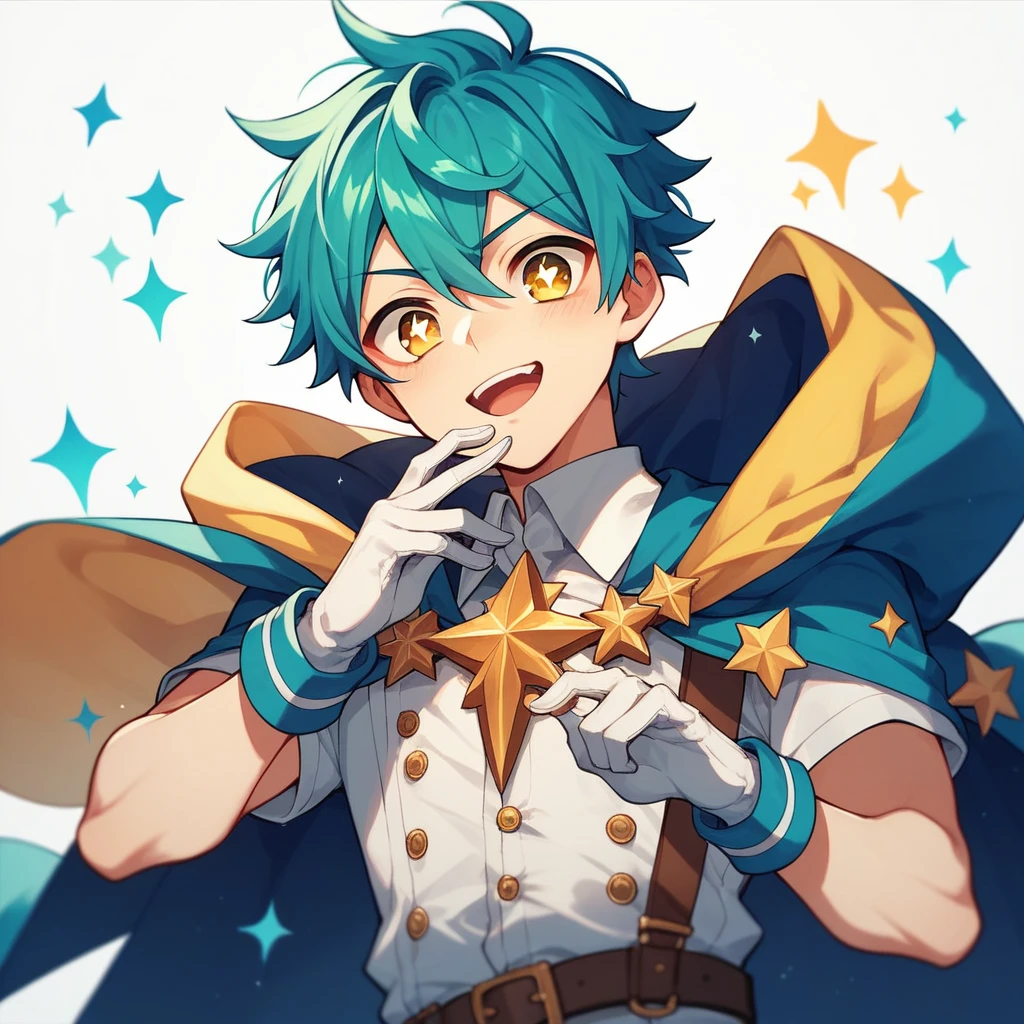 1boy, teenager, light skin, short turquoise hair, yellow eyes, star-shaped pupils, white background, colorful and extravagant clothing, cape, white gloves, makeup, anime style, digital art, cute