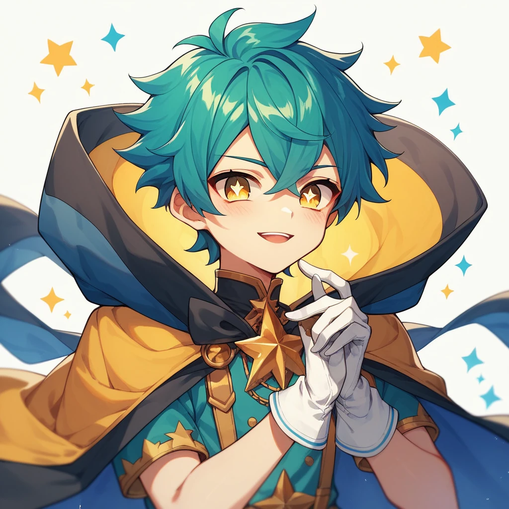 1boy, ager, light skin, short turquoise hair, yellow eyes, star-shaped pupils, white background, colorful and extravagant clothing, cape, white gloves, makeup, anime style, digital art, cute