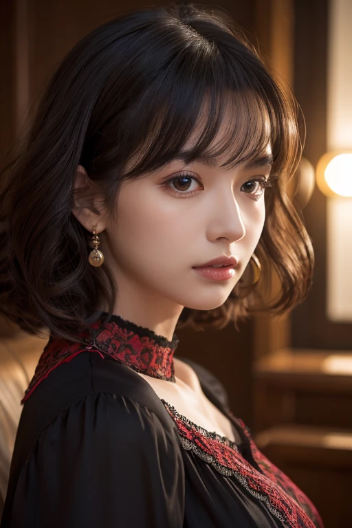 bloom, Lens Reflection, (8K, born, Professional, Highest quality, masterpiece: 1.2), (Realistic, photoRealistic: 1.37), Super detailed, (Wide-angle 25mm portrait), (Most detailed skin: 1.2), Highly detailed face, Cinema Lighting, One girl, Black curly hair, (the wind is strong), Standing on the couch, Dark Light, Looking into the camera, Large Breasts, black and red blouse  