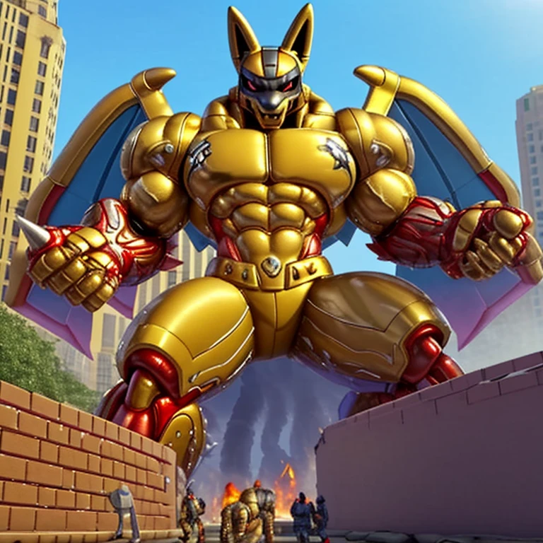 (masterpiece. official art. 8k. best quality. detailed full body. full body.)

(situation 1 : dominating Shiny_Mega_Lucario. Shiny_Mega_Lucario is over 1000 meters long. focus GIANT mechanical Muscular Shiny_Mega_Lucario is trampling the city. Looking down. macro. stomp. Low-angle perspective. emphasizing the immense size.)

(situation 2 :smoke and flames rising from the destruction in the city)

(Additional details 1: BlackKnight_fe. Armor. Cape. Helmet.. high-tech bio-mecha armor. real texture material. whole body shines like metal. Wearing cyberpunk mecha. emphasizes the muscles. suit fully made of metal. intricate armor. Robotic suit. suit fully made of metal. cyborg. Powered exoskeleton with the same design as Shiny_Mega_Lucario).

(Additional details 2: Detailed head. Detailed Body. Detailed abs. gigantic muscles. HYPER MUSCLES. Gigachad Muscular. big muscle. pecs. triceps. traps. unusually developed muscular body. body full of huge muscles. showing off muscles. pectorales enormes. Exaggeratedly huge muscles. huge muscles. long legs.).

(Additional details 3: nj5furry, Spread wings. It has wings. black have big wings. The claws are sharp. Sharp teeth.). 
