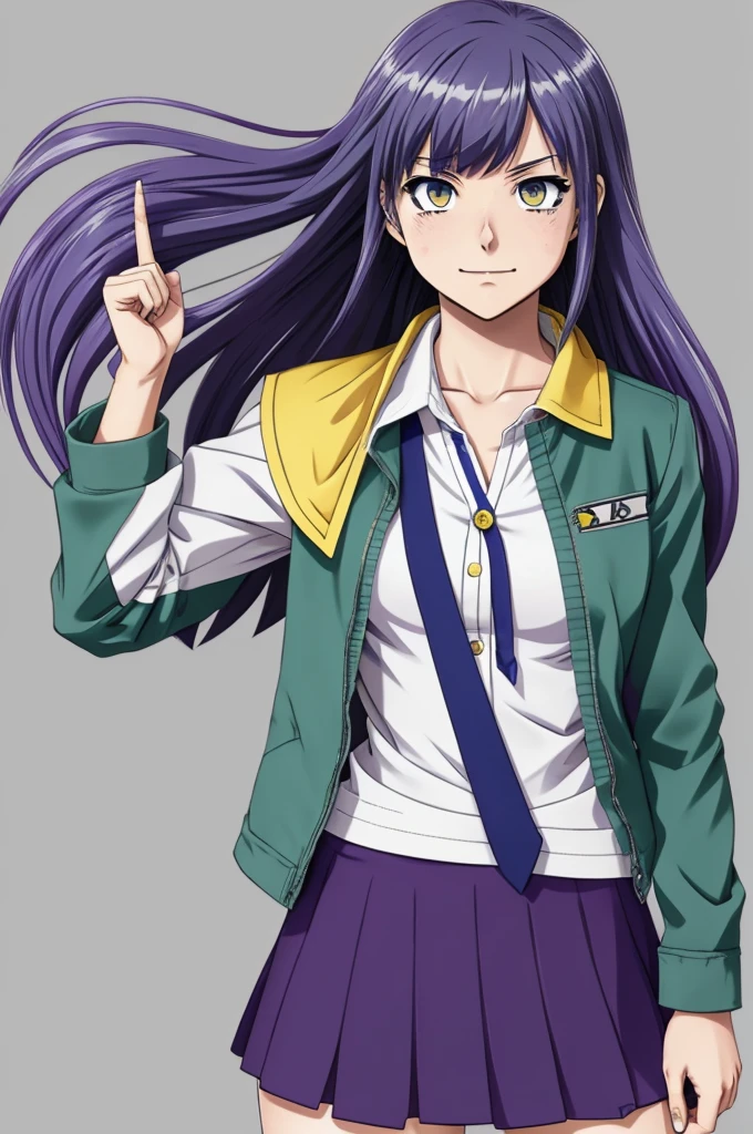 Boku no Hero Academia drawing style, Teenage girl, purple hair with blue tips (Shoulder length hair, disordered, with bangs), yellow eyes(nejire hado style eyes), white shirt attire, Red tie, dark green skirt, Gray jacket, CHARACTER SHEET