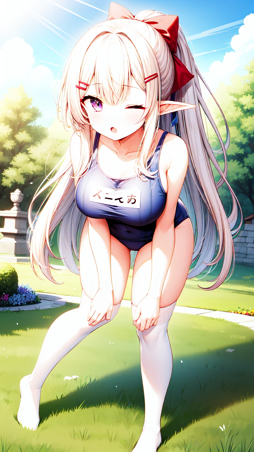 1girl, bare_shoulders, elf, large breasts, school swimsuit, knee highs, cloud, day, hair_ornament, hair_ribbon, hairclip, long_hair, purple_eyes, ribbon, silver_hair, sky, ;o, one eyes closed, solo, stomach, thighs, long_hair, ponytail, standing, Leaning forward, both arm on own knee, garden