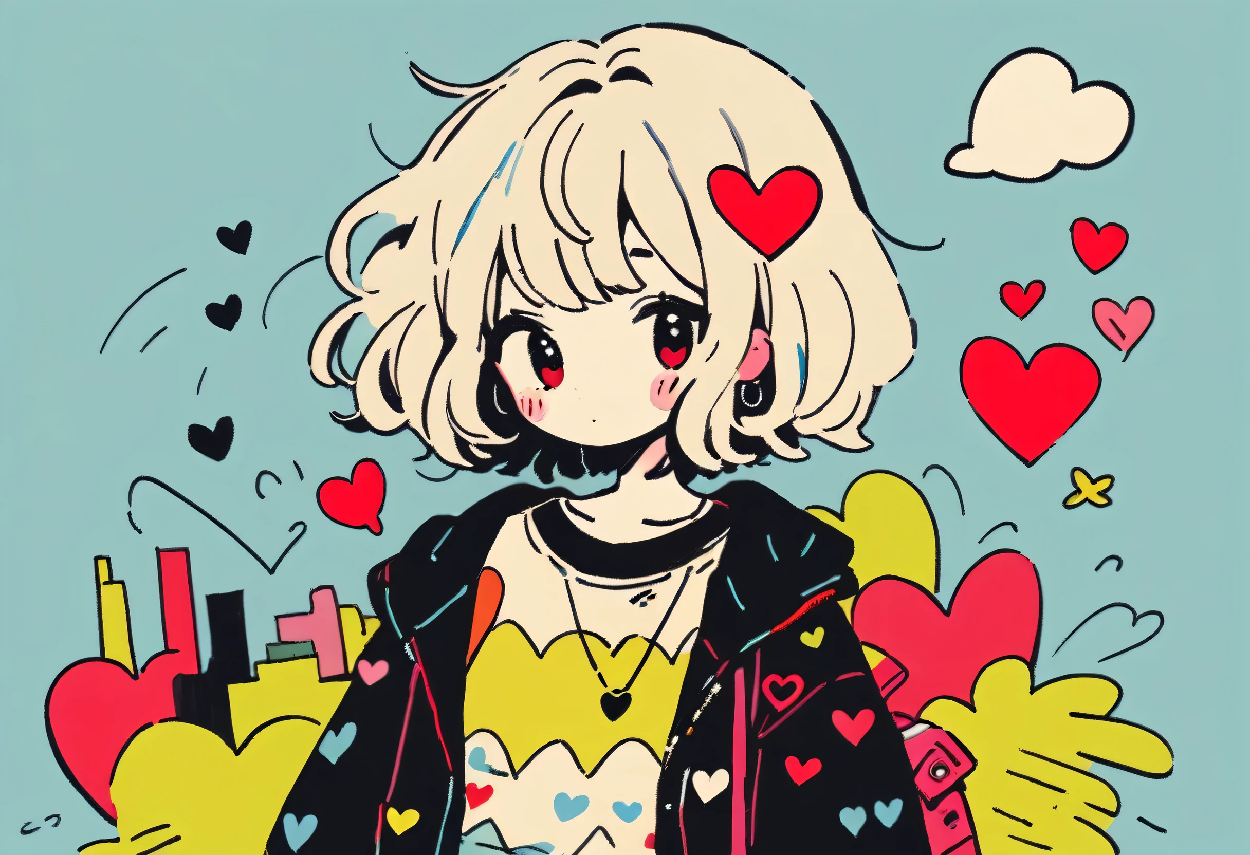 Mika Pikazo style, Simple Line Initialism,Abstract art,Urban Background, colorful hearts ,(((The most beautiful girl of all time))), Sweet face. Lips in love