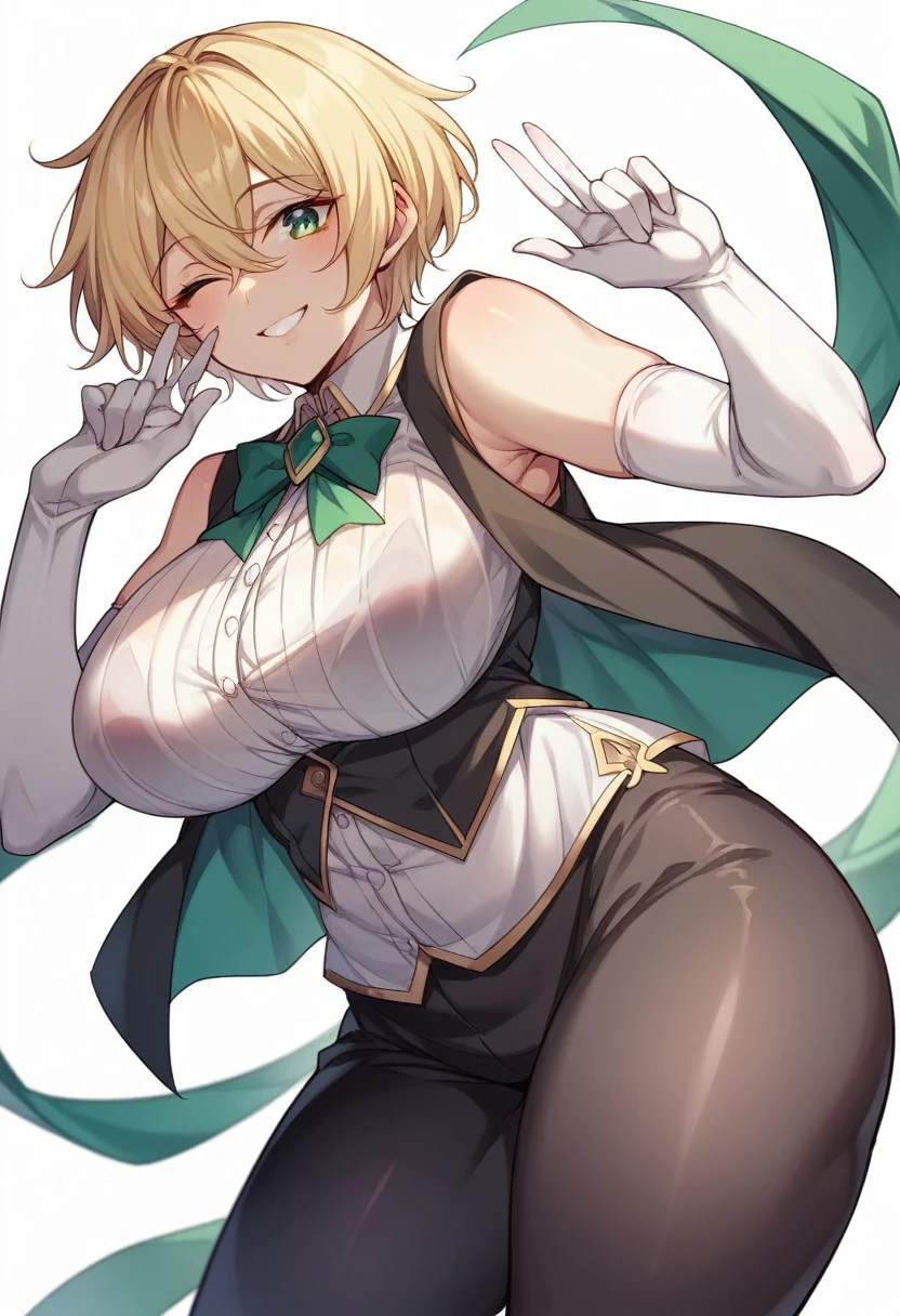 （One girl）、(short hair)、(sidelock)、((Blonde))、（Sato Air）、(boyish)、(Big Breasts)、Chubby、beautiful girl、[Big thighs]、Green Eyes、(Healer)、Black Vest、black leggings、White sleeveless、((hairs between eyes))、(long gloves)、smile、wink、((see-through))
