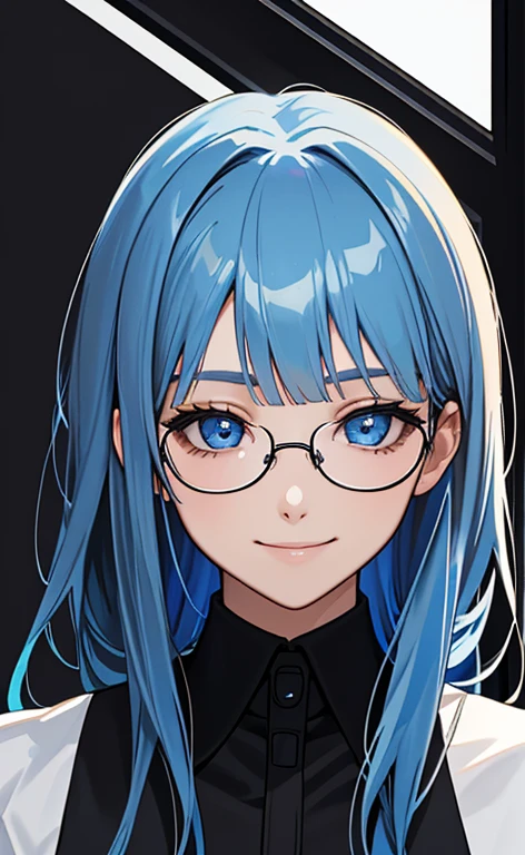 (Face:1.5)、(masterpiece:1.5、Photorealistic:1.4,anime coloring:1.4、high resolution:1.4)、,(spot light:1.2、Exquisite beautiful eye:1.5,)、(stand:1.5)、()、(upper body:1.5)、
(kind eyes、tareme:1.4),(glasses:1.5)、(Cute Face)、(blue hair:1.5)、(middle hair:1.5),(sidelock :1.6),(blunt bangs:1.3),(1 girl)、(blue eyes:1.2)、(light smile:1.5),()、(solo)、() ,(),(small breasts),(),(black business suit:1.5),()、()、()、Slim Body(),Shiny Hair、